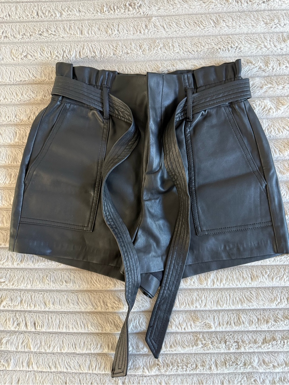 Zara Black High-Waist Faux Leather Paperbag Shorts with Tie Belt